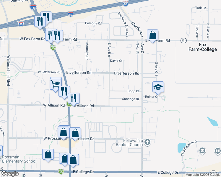 map of restaurants, bars, coffee shops, grocery stores, and more near 603 Avenue B 6 in Cheyenne