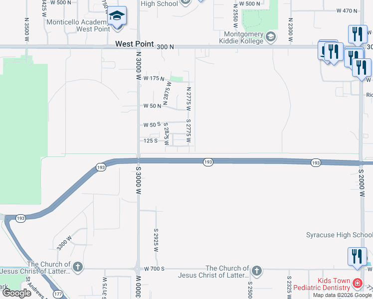 map of restaurants, bars, coffee shops, grocery stores, and more near 160 South 2775 West in West Point