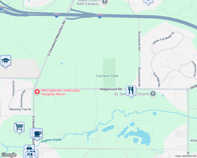 map of restaurants, bars, coffee shops, grocery stores, and more near 3355 Ridgewood Road in Fairlawn