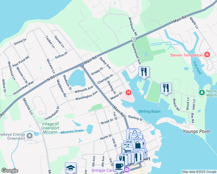 map of restaurants, bars, coffee shops, grocery stores, and more near 360 Champlin Place in Greenport