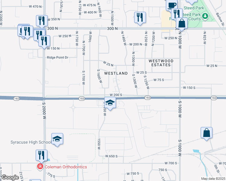 map of restaurants, bars, coffee shops, grocery stores, and more near 163 South 1450 West in Clearfield