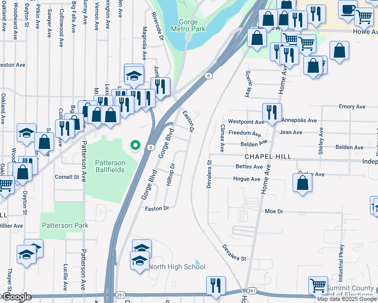 map of restaurants, bars, coffee shops, grocery stores, and more near 1273 Easton Drive in Akron