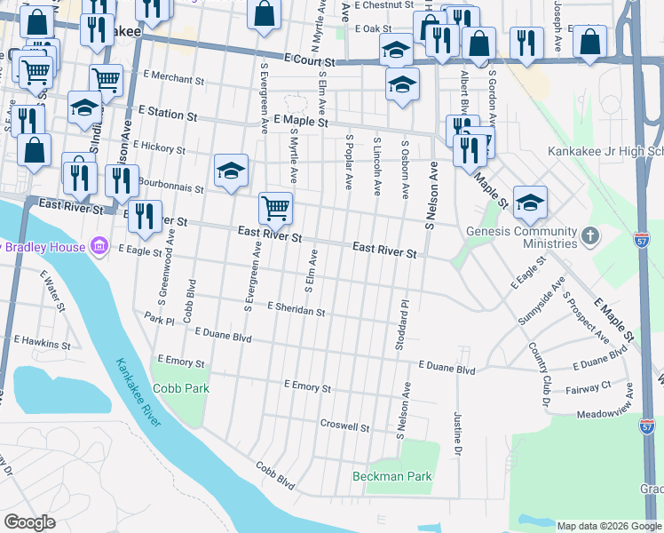 map of restaurants, bars, coffee shops, grocery stores, and more near 605 South Poplar Avenue in Kankakee