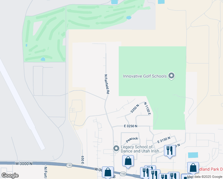 map of restaurants, bars, coffee shops, grocery stores, and more near 3600 North Fairfield Road in Layton