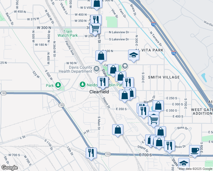 map of restaurants, bars, coffee shops, grocery stores, and more near 158 South Bushnell Way in Clearfield