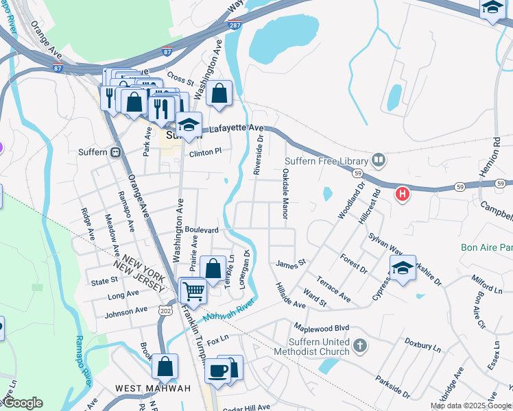 map of restaurants, bars, coffee shops, grocery stores, and more near 48 Riverside Drive in Suffern