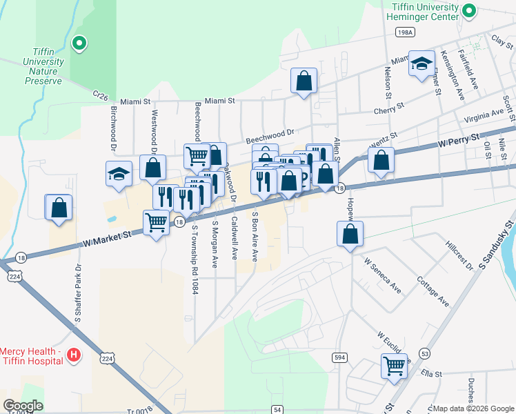 map of restaurants, bars, coffee shops, grocery stores, and more near 680 W Market St in Tiffin