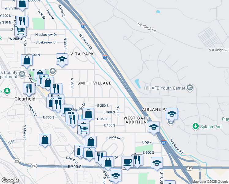 map of restaurants, bars, coffee shops, grocery stores, and more near 592 South Maple Street in Clearfield