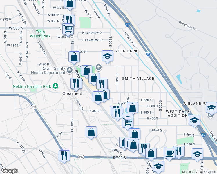 map of restaurants, bars, coffee shops, grocery stores, and more near 122 South 350 East in Clearfield
