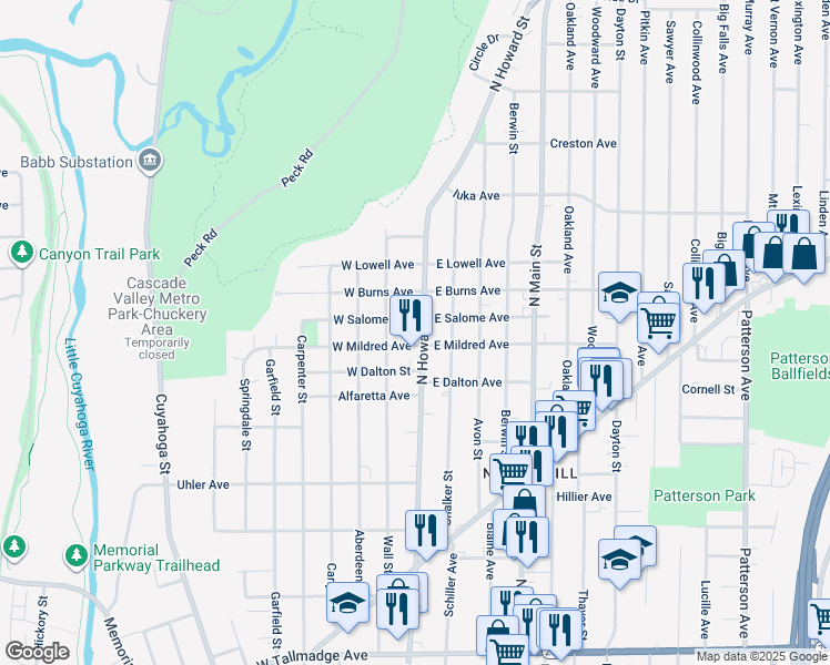 map of restaurants, bars, coffee shops, grocery stores, and more near 979 North Howard Street in Akron