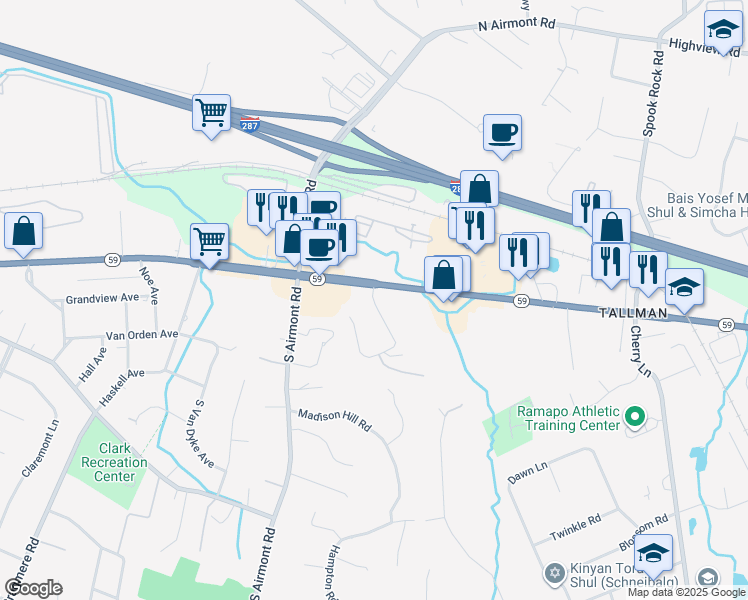 map of restaurants, bars, coffee shops, grocery stores, and more near 2 South de Baun Avenue in Airmont