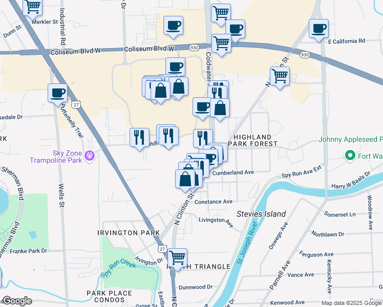 map of restaurants, bars, coffee shops, grocery stores, and more near 3801 Coldwater Road in Fort Wayne