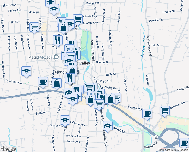 map of restaurants, bars, coffee shops, grocery stores, and more near 39 Memorial Park Drive in Spring Valley