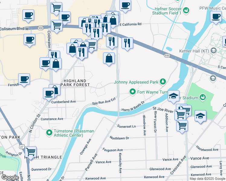 map of restaurants, bars, coffee shops, grocery stores, and more near 3811 Parnell Avenue in Fort Wayne