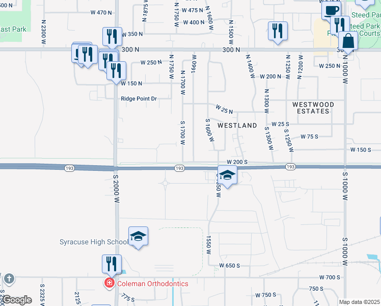 map of restaurants, bars, coffee shops, grocery stores, and more near 581 North Main Street in Layton