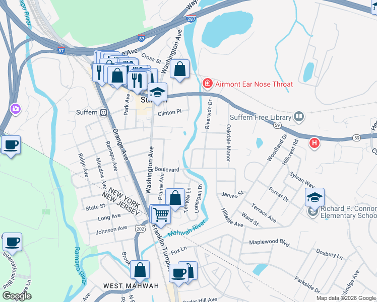 map of restaurants, bars, coffee shops, grocery stores, and more near 3 Highland Avenue in Suffern