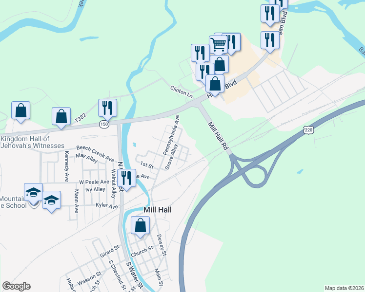 map of restaurants, bars, coffee shops, grocery stores, and more near 201 Elry Alley in Mill Hall