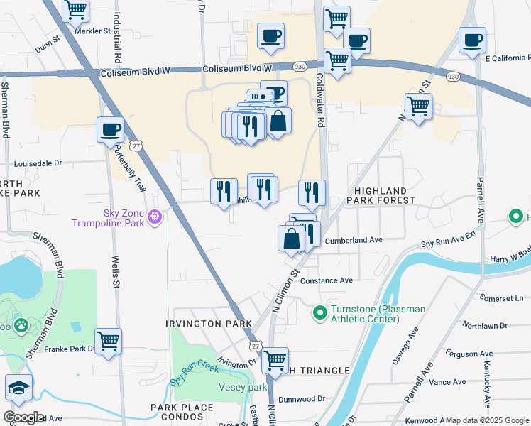 map of restaurants, bars, coffee shops, grocery stores, and more near 3801 Coldwater Road in Fort Wayne