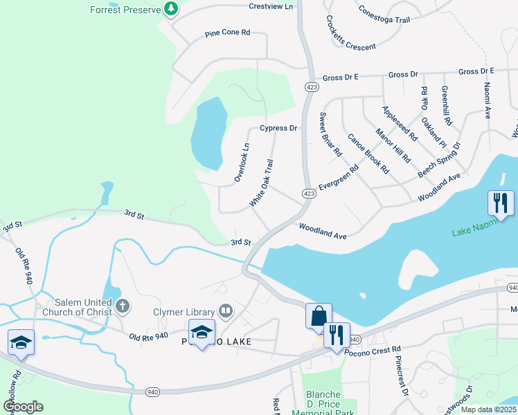 map of restaurants, bars, coffee shops, grocery stores, and more near White Oak Trail in Pocono Pines
