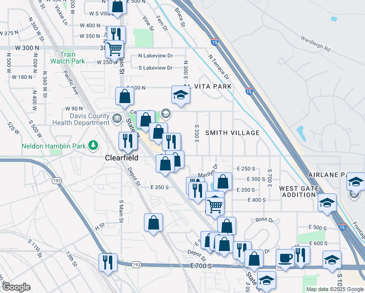 map of restaurants, bars, coffee shops, grocery stores, and more near 122 South 350 East in Clearfield