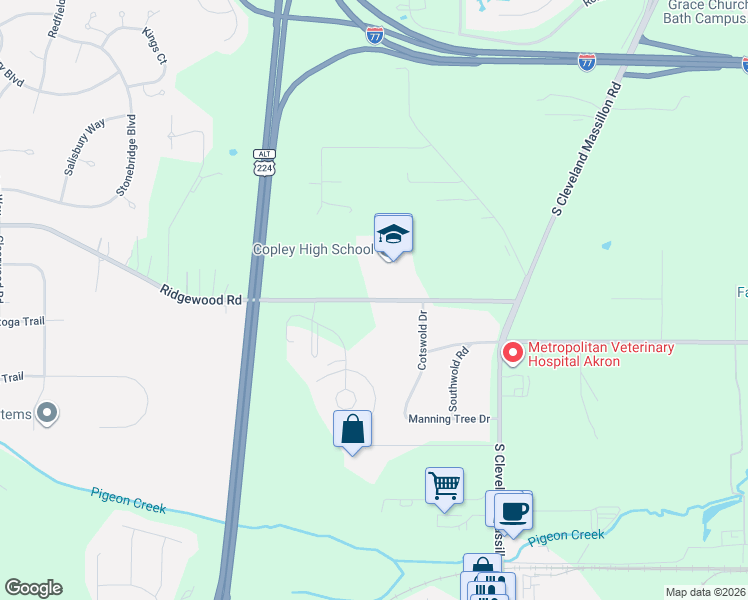 map of restaurants, bars, coffee shops, grocery stores, and more near Ridgewood Road in Akron
