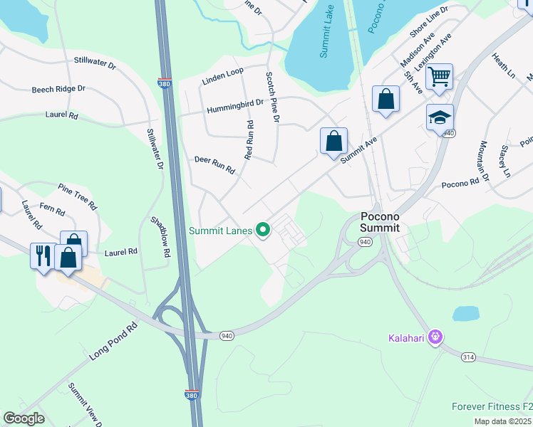 map of restaurants, bars, coffee shops, grocery stores, and more near 1105 Colt Lane in Pocono Summit