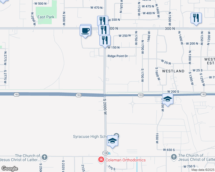 map of restaurants, bars, coffee shops, grocery stores, and more near 1950 West 75 South in West Point
