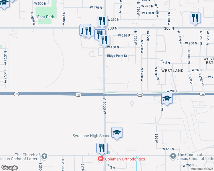 map of restaurants, bars, coffee shops, grocery stores, and more near 1950 West 75 South in West Point