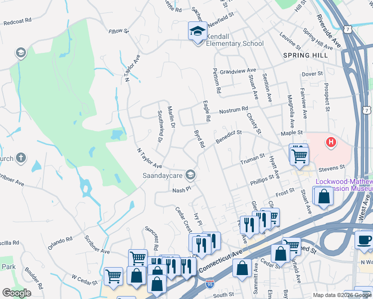 map of restaurants, bars, coffee shops, grocery stores, and more near 14 Cutrone Road in Norwalk