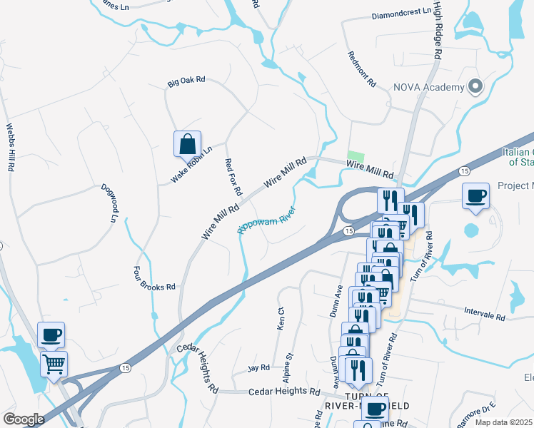 map of restaurants, bars, coffee shops, grocery stores, and more near 18 Studio Road in Stamford