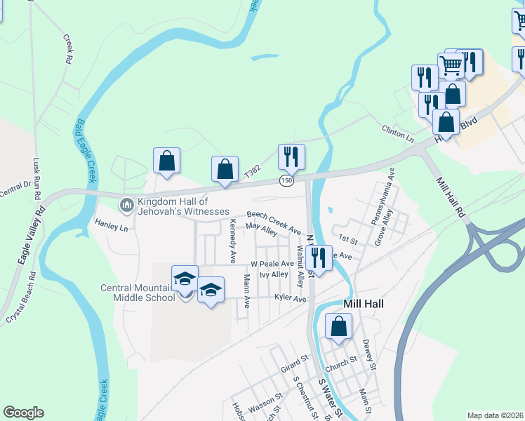 map of restaurants, bars, coffee shops, grocery stores, and more near 123 Beech Creek Avenue in Mill Hall