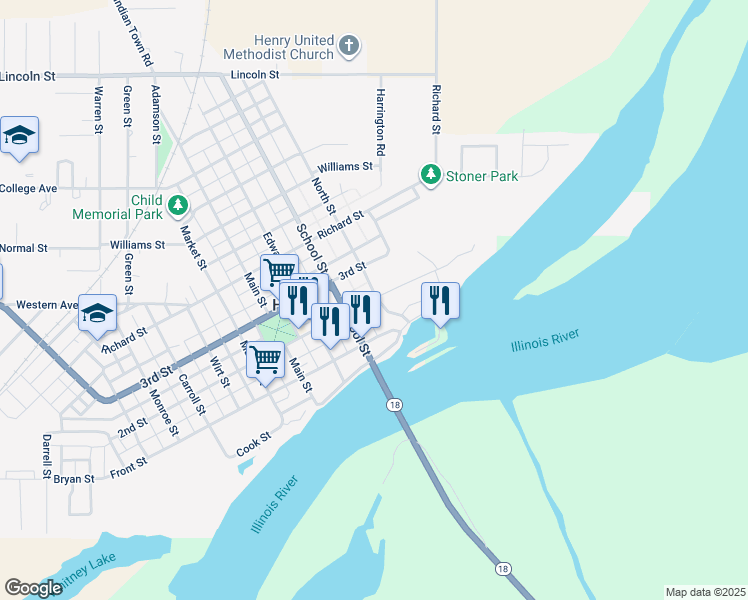 map of restaurants, bars, coffee shops, grocery stores, and more near 407 2nd Street in Henry