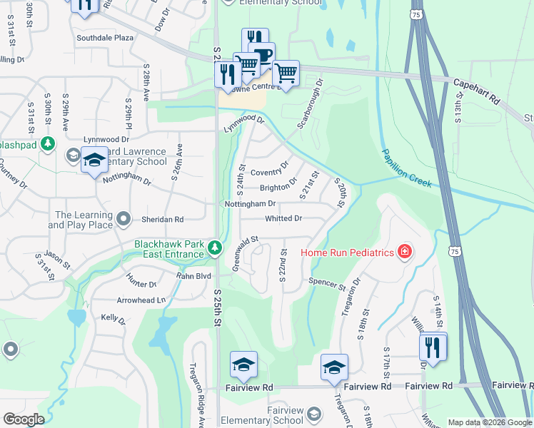 map of restaurants, bars, coffee shops, grocery stores, and more near 2261 Nottingham Drive in Bellevue