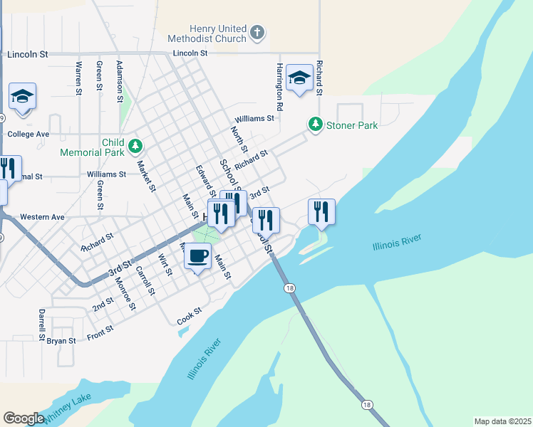 map of restaurants, bars, coffee shops, grocery stores, and more near 407 2nd Street in Henry