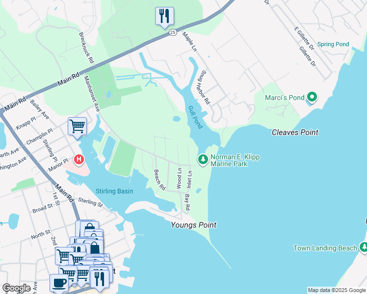 map of restaurants, bars, coffee shops, grocery stores, and more near 420 Meadow Lane in Greenport