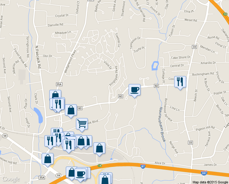 map of restaurants, bars, coffee shops, grocery stores, and more near 2 Woodland Terrace in Nanuet