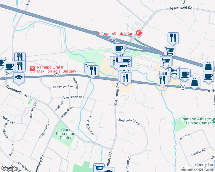 map of restaurants, bars, coffee shops, grocery stores, and more near 191 Nyack Turnpike in Airmont