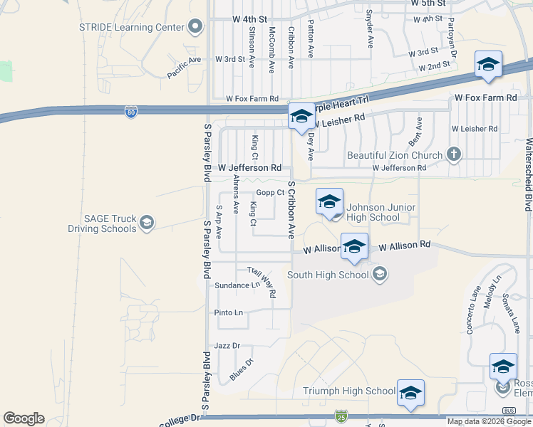 map of restaurants, bars, coffee shops, grocery stores, and more near 1113 King Ct in Cheyenne