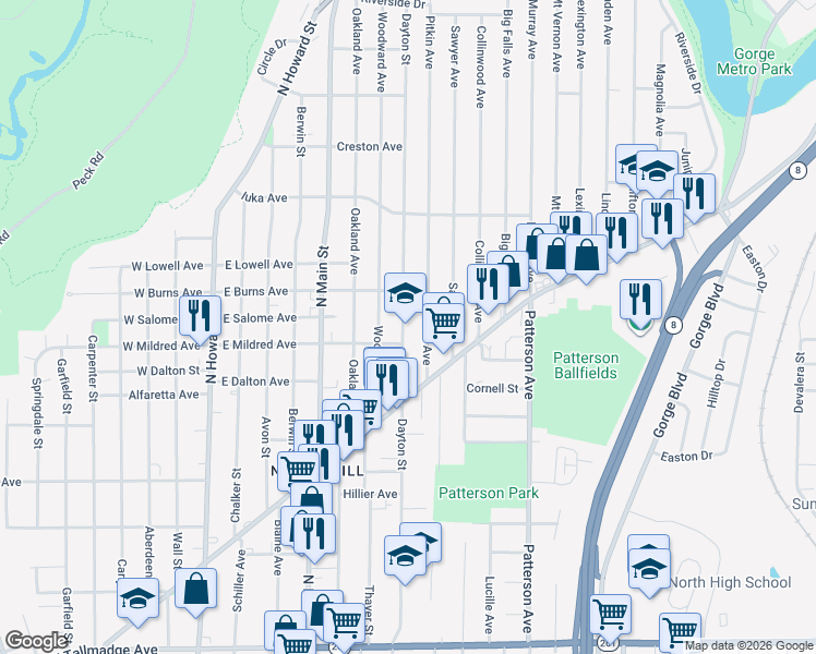 map of restaurants, bars, coffee shops, grocery stores, and more near 959 Dayton Street in Akron
