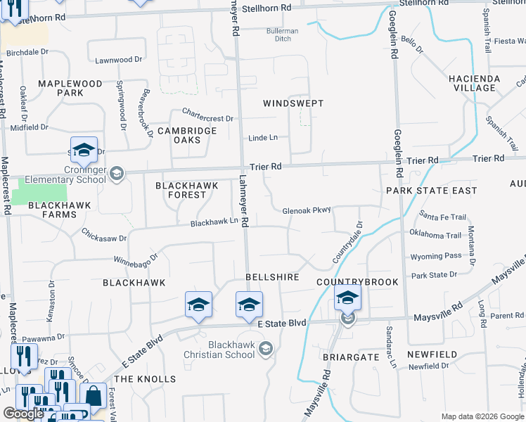 map of restaurants, bars, coffee shops, grocery stores, and more near 7424 Valley Court in Fort Wayne