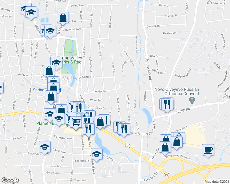 map of restaurants, bars, coffee shops, grocery stores, and more near 33 2nd Avenue in Nanuet