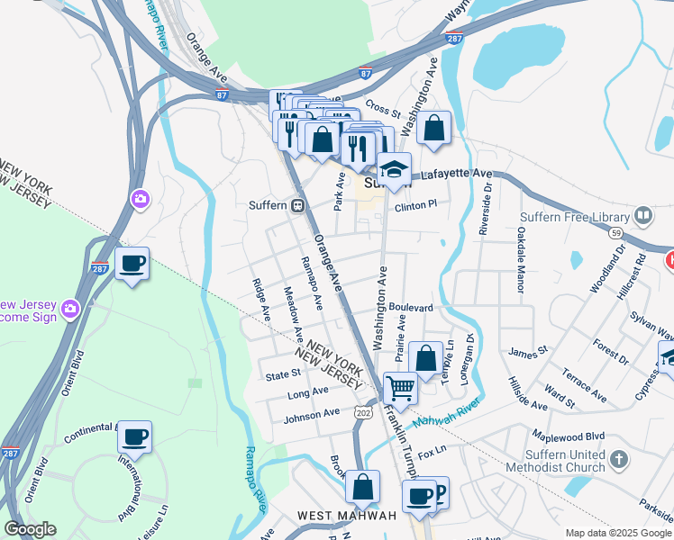 map of restaurants, bars, coffee shops, grocery stores, and more near 158 Orange Avenue in Suffern