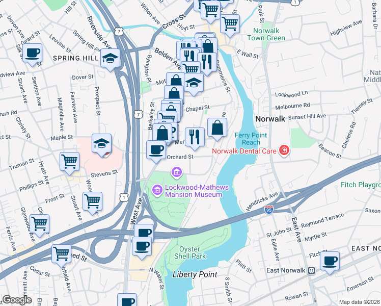 map of restaurants, bars, coffee shops, grocery stores, and more near 18 Merwin Street in Norwalk