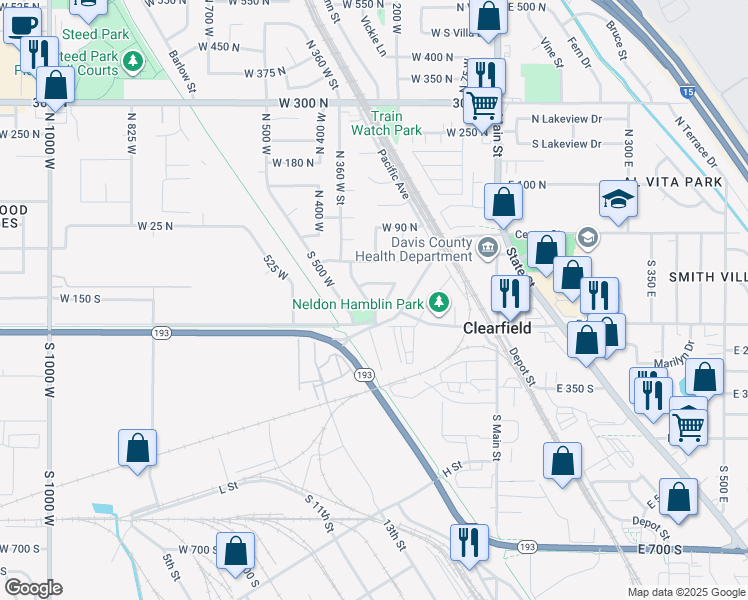 map of restaurants, bars, coffee shops, grocery stores, and more near 128 South 350 West in Clearfield