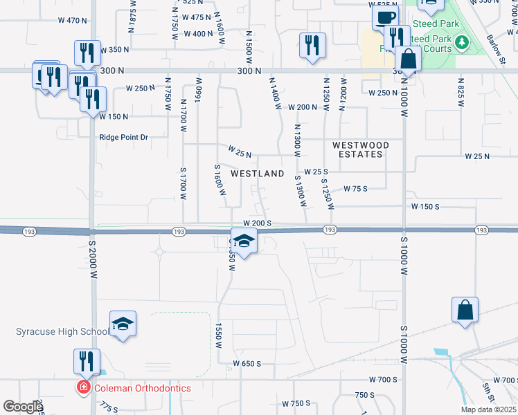 map of restaurants, bars, coffee shops, grocery stores, and more near 125 South 1450 West in Clearfield