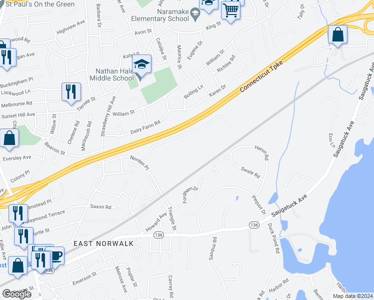 map of restaurants, bars, coffee shops, grocery stores, and more near 10 Norden Place in Norwalk