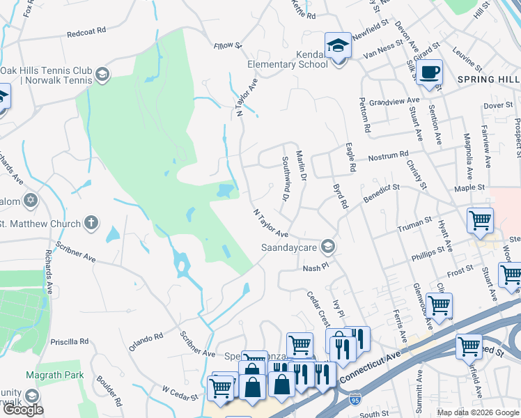 map of restaurants, bars, coffee shops, grocery stores, and more near 2A Lacey Lane in Norwalk