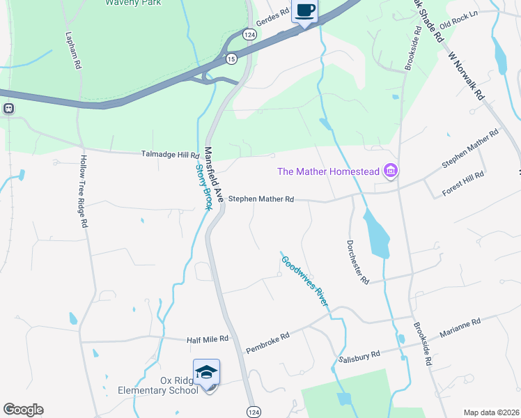 map of restaurants, bars, coffee shops, grocery stores, and more near 106 Stephen Mather Road in Darien