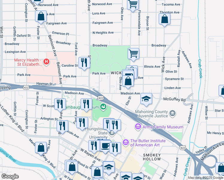 map of restaurants, bars, coffee shops, grocery stores, and more near 818 Ohio Avenue in Youngstown