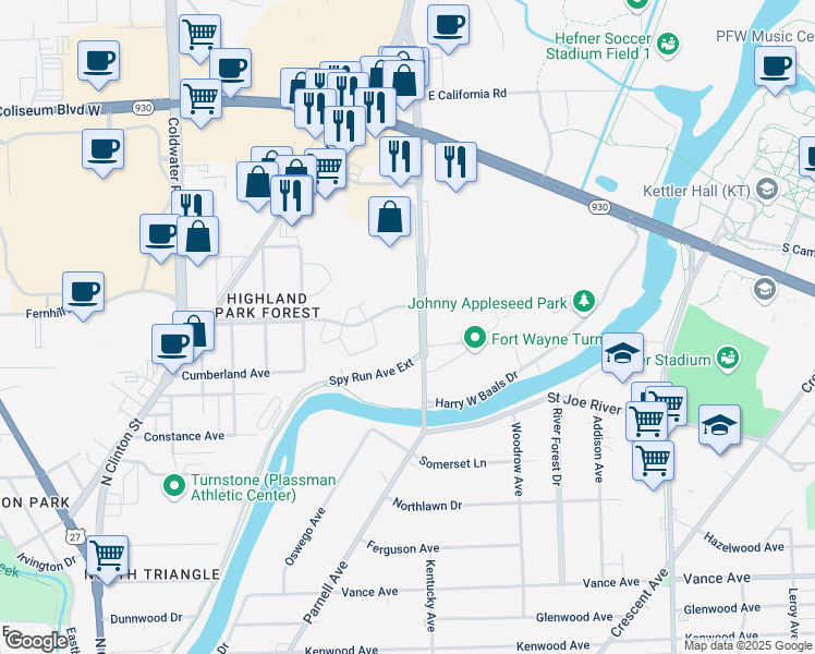 map of restaurants, bars, coffee shops, grocery stores, and more near 3811 Parnell Avenue in Fort Wayne